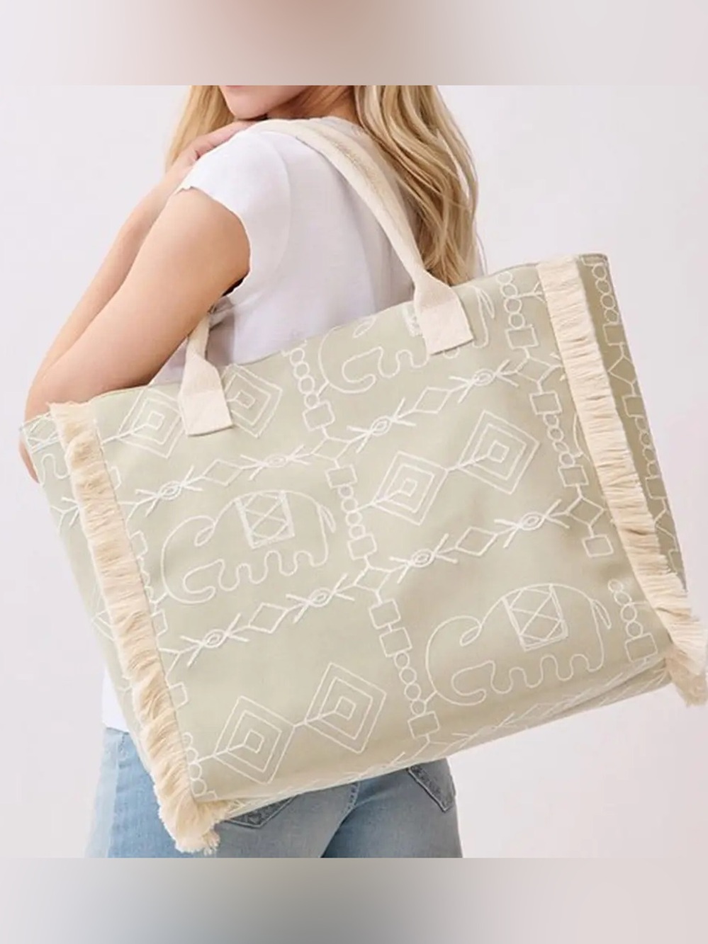 STYLINE Fringed Elephant Pattern Canvas Hobo Tote/ Bags in Sage/ Green zip NWT